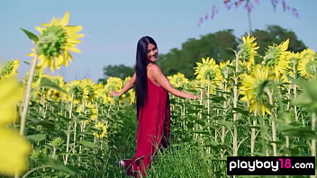 Petite small titted mongolian babe Kimiko stripping on a flowery meadow